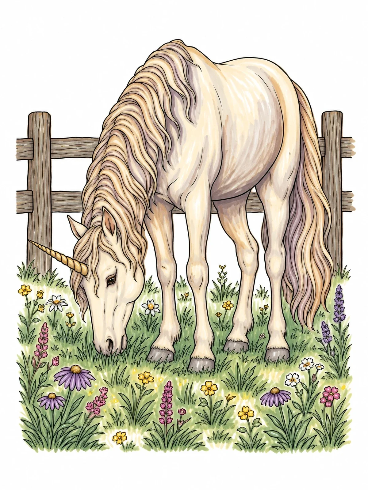 Colored example of the Realistic Unicorn Grazing By Wooden Fence coloring page
