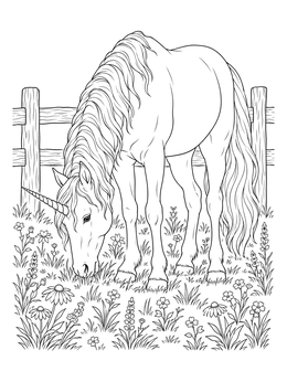 A realistic unicorn coloring page featuring a mare grazing in a wildflower pasture by a fence.