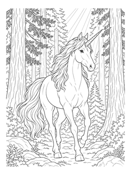 A realistic unicorn coloring page walking through a sunny pine forest.