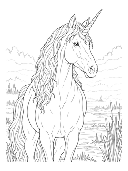 A detailed unicorn coloring page standing gracefully in a marsh with reeds and distant trees.
