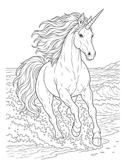 A realistic unicorn coloring page showing a stallion galloping through crashing ocean waves on a beach.