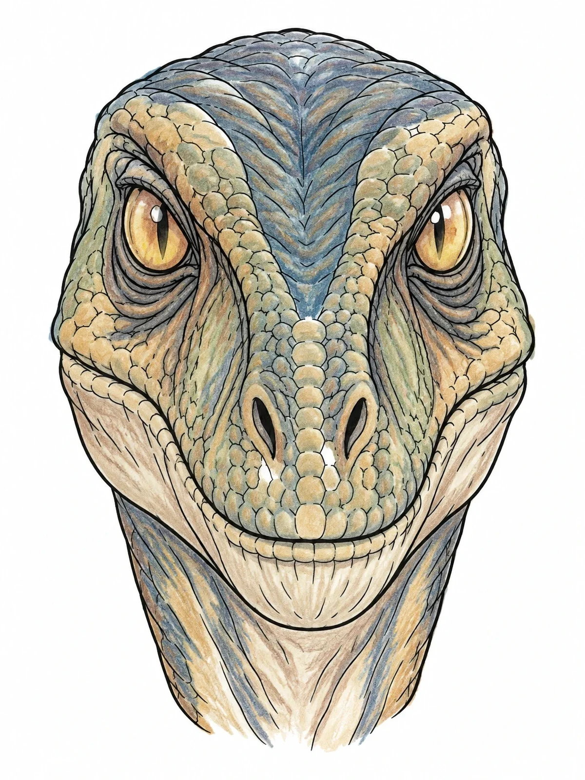 Colored example of the Realistic Velociraptor Head Portrait coloring page