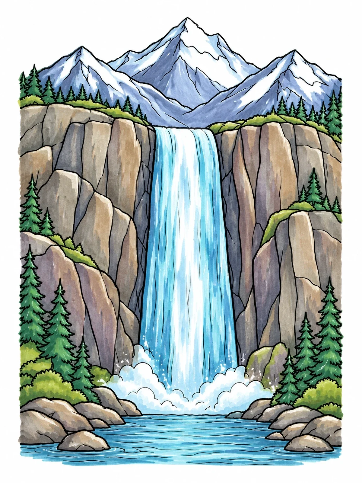 Colored example of the Alpine Waterfall And Mountain Peaks coloring page