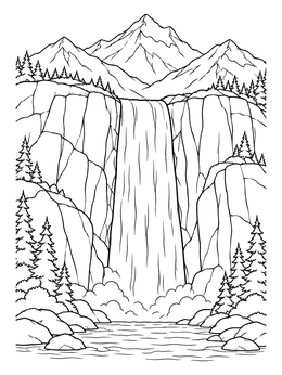 Free printable Alpine Waterfall And Mountain Peaks coloring page