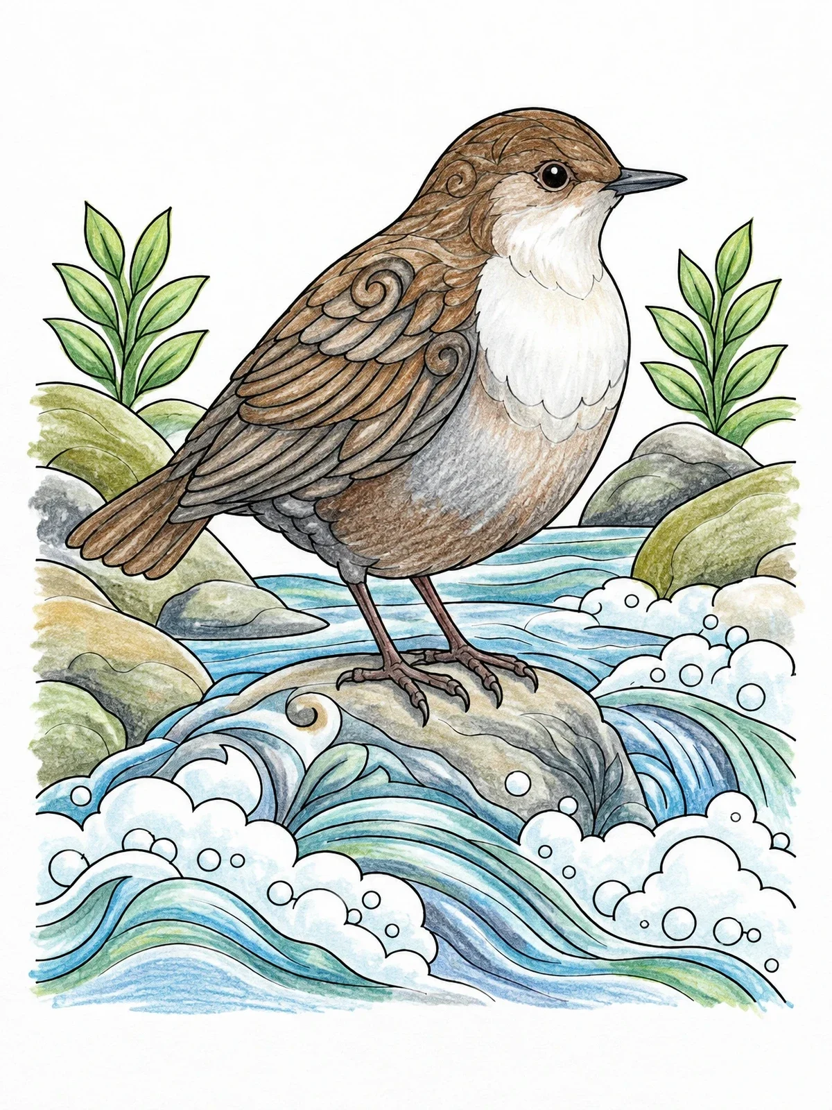 Colored example of the American Dipper By Rushing Stream coloring page