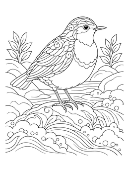 A realistic waterfall coloring page showing a songbird perched on a rock amidst swirling foam.