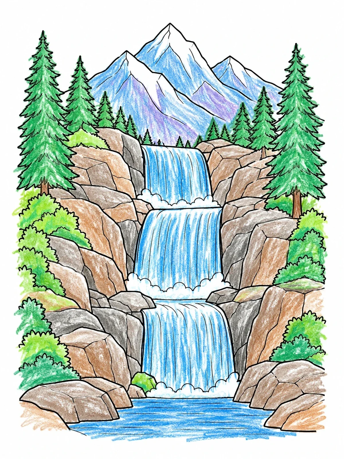 Colored example of the Cascading Waterfall With Mountain Peaks coloring page