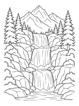 Free printable Cascading Waterfall With Mountain Peaks coloring page