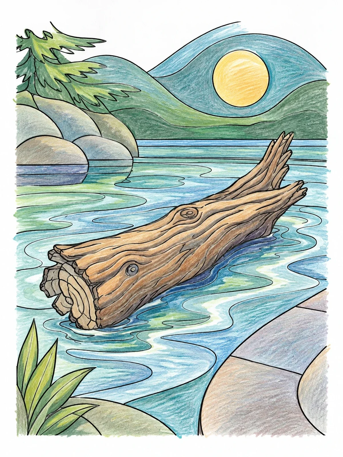 Colored example of the Drifting Cedar Log In Mountain Pool coloring page