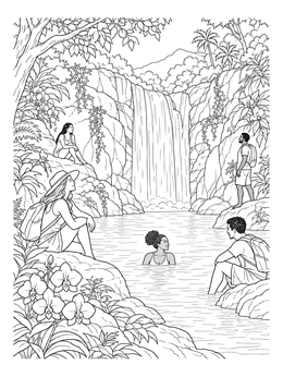 Free printable Friends Relaxing By A Jungle Waterfall coloring page