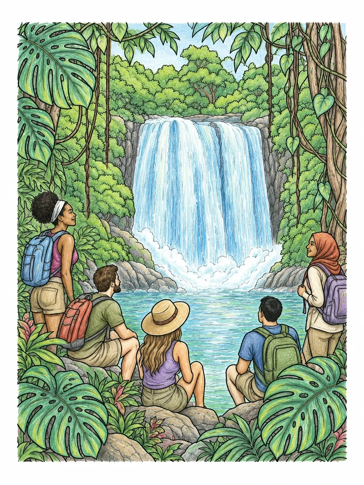 Colored example of the Hikers Admiring A Jungle Waterfall coloring page