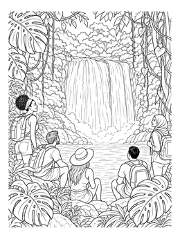 Free printable Hikers Admiring A Jungle Waterfall coloring page