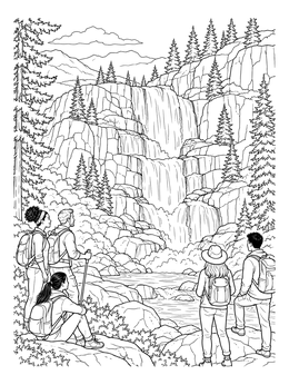A realistic waterfall coloring page showing hikers admiring a tiered mountain cascade among pine trees.