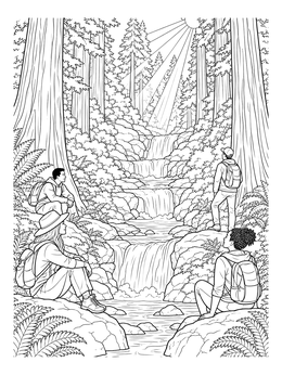 Free printable Hikers Resting By Forest Waterfall coloring page