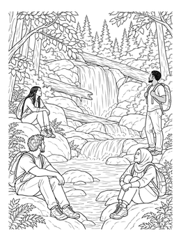 Free printable Hikers Resting By Forest Waterfall coloring page