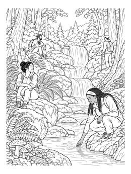 Free printable Hikers Resting By Forest Waterfall coloring page