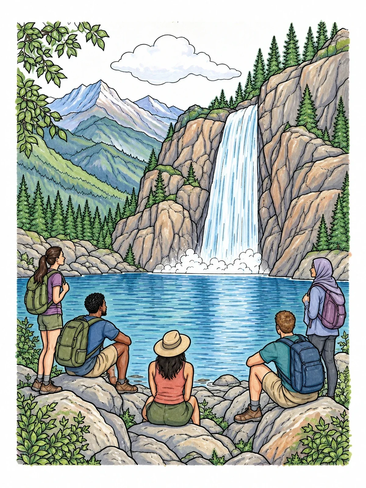 Colored example of the Hikers Resting By Mountain Waterfall coloring page