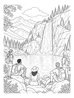 Free printable Hikers Resting By Mountain Waterfall coloring page
