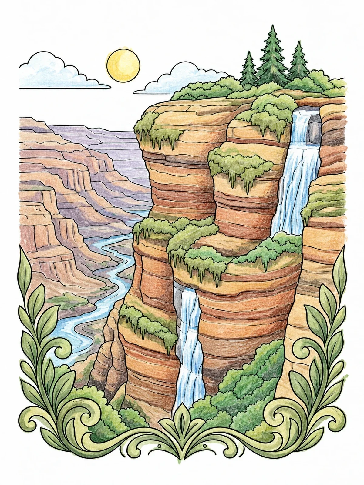 Colored example of the Layered Canyon Cliff Waterfall Landscape coloring page