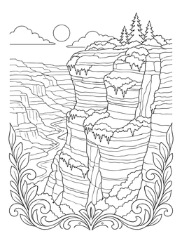 A realistic waterfall coloring page depicting layered canyon rock cliffs and flowing water.