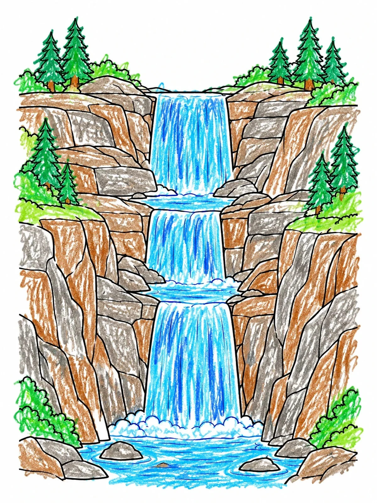 Colored example of the Multi Tiered Rocky Canyon Waterfall coloring page
