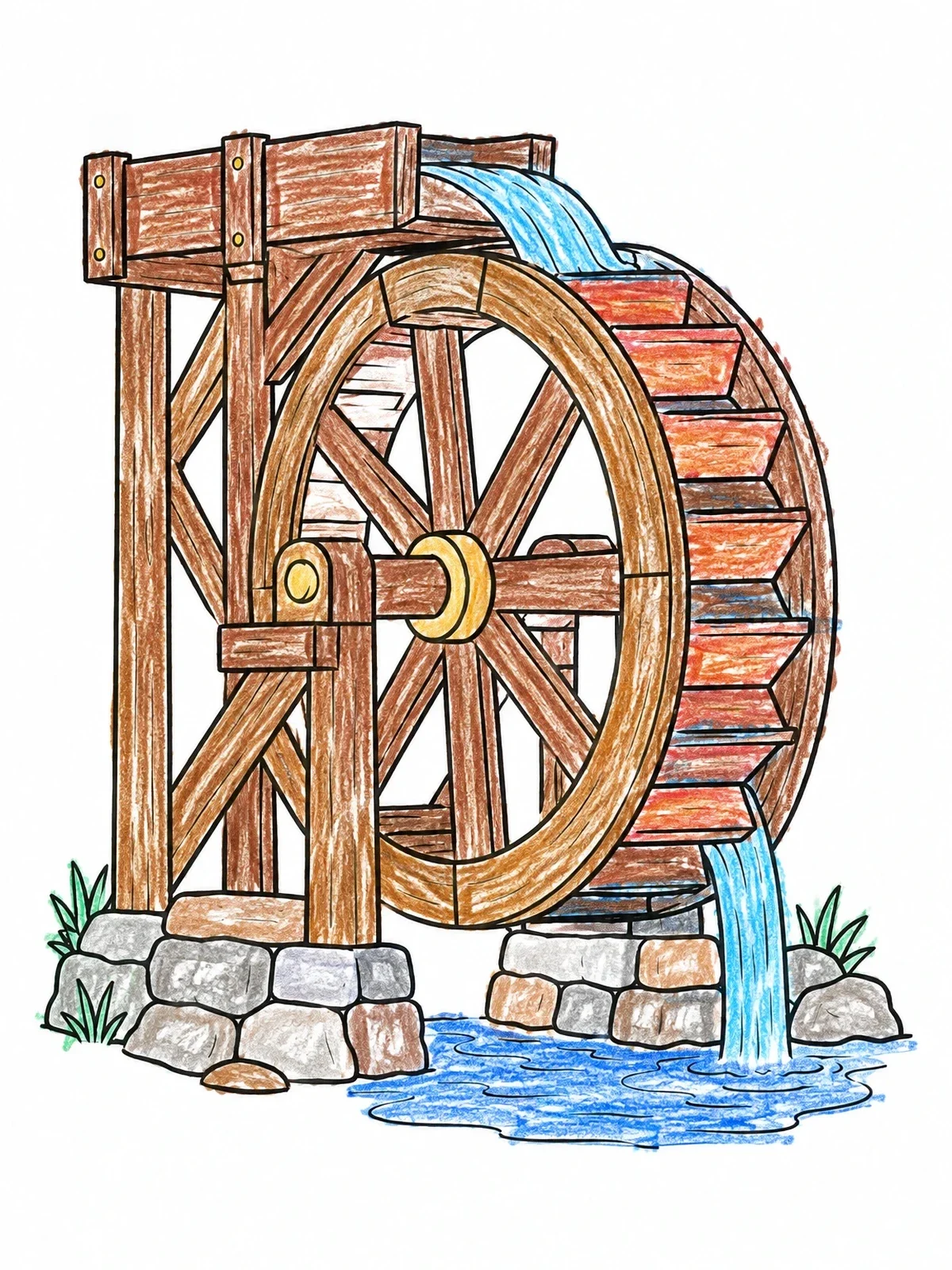 Colored example of the Rustic Wooden Waterwheel With Flowing Water coloring page