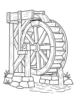 Free printable Rustic Wooden Waterwheel With Flowing Water coloring page