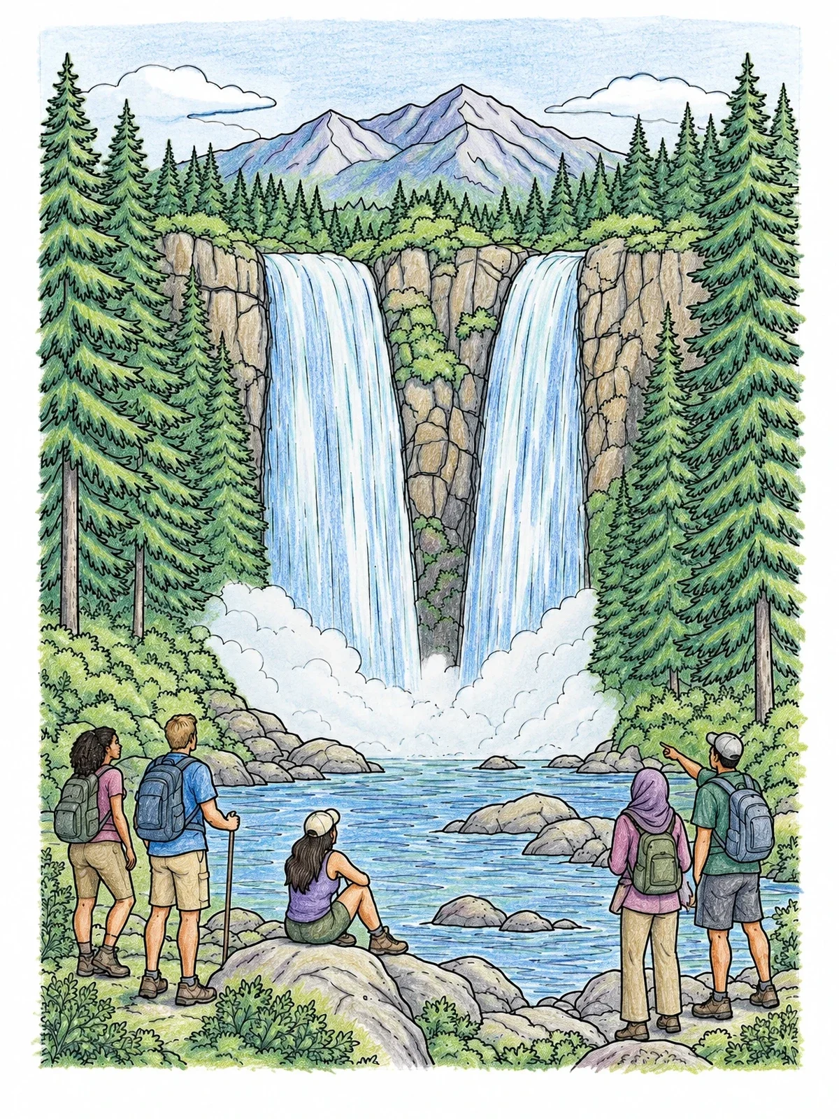 Colored example of the Hikers Admiring Twin Waterfalls coloring page