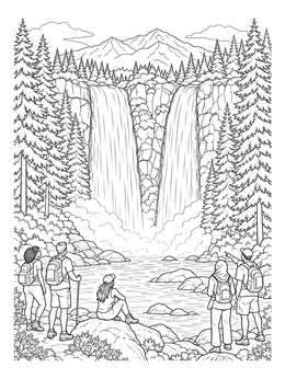 Free printable Hikers Admiring Twin Waterfalls coloring page