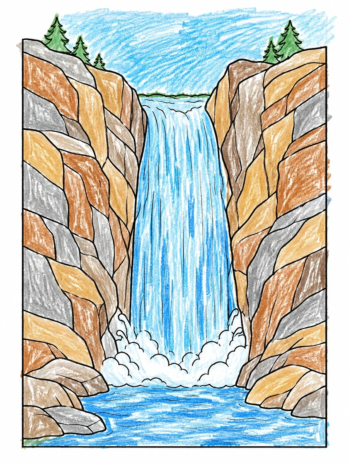 Colored example of the Waterfall Flowing Through Rocky Canyon coloring page
