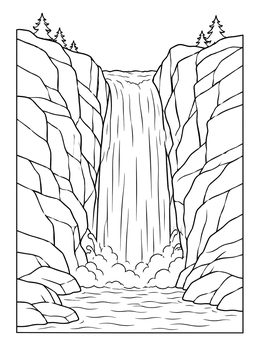 Free printable Waterfall Flowing Through Rocky Canyon coloring page
