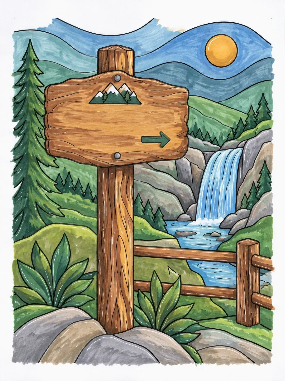Colored example of the Waterfall Trail Wooden Signpost coloring page