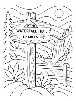 A realistic waterfall coloring page featuring a carved trail sign overlooking a forest cascade.