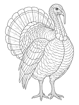 A realistic wild turkey standing proudly in this detailed turkey coloring page.