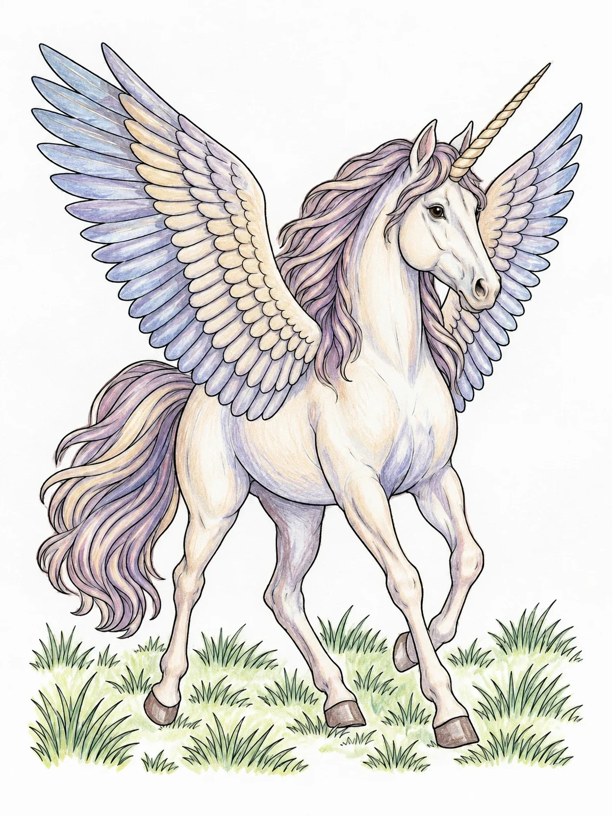Colored example of the Majestic Winged Unicorn In Meadow coloring page