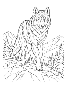 A detailed wolf coloring page featuring a wild wolf walking on a rocky mountain path.