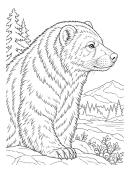 A wild wolverine coloring page featuring the animal against a mountain backdrop.