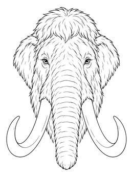 A detailed woolly mammoth coloring page showing a symmetrical head portrait with large curved tusks.