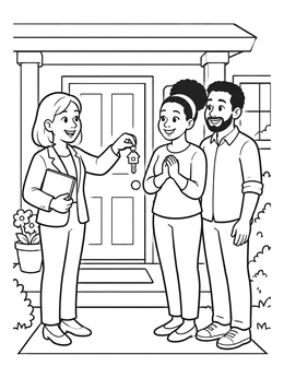 Free printable Realtor Handing Keys To Happy Couple coloring page
