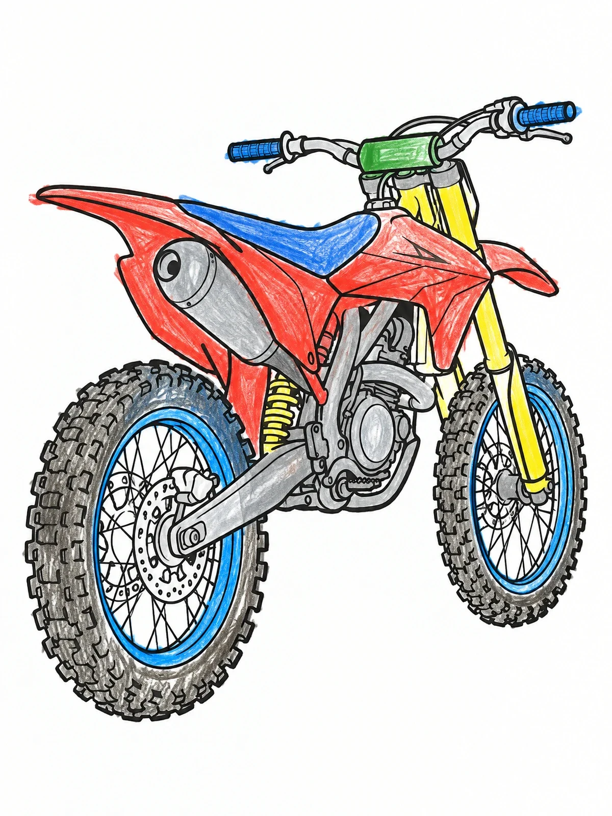 Colored example of the Rear View Motocross Dirt Bike coloring page