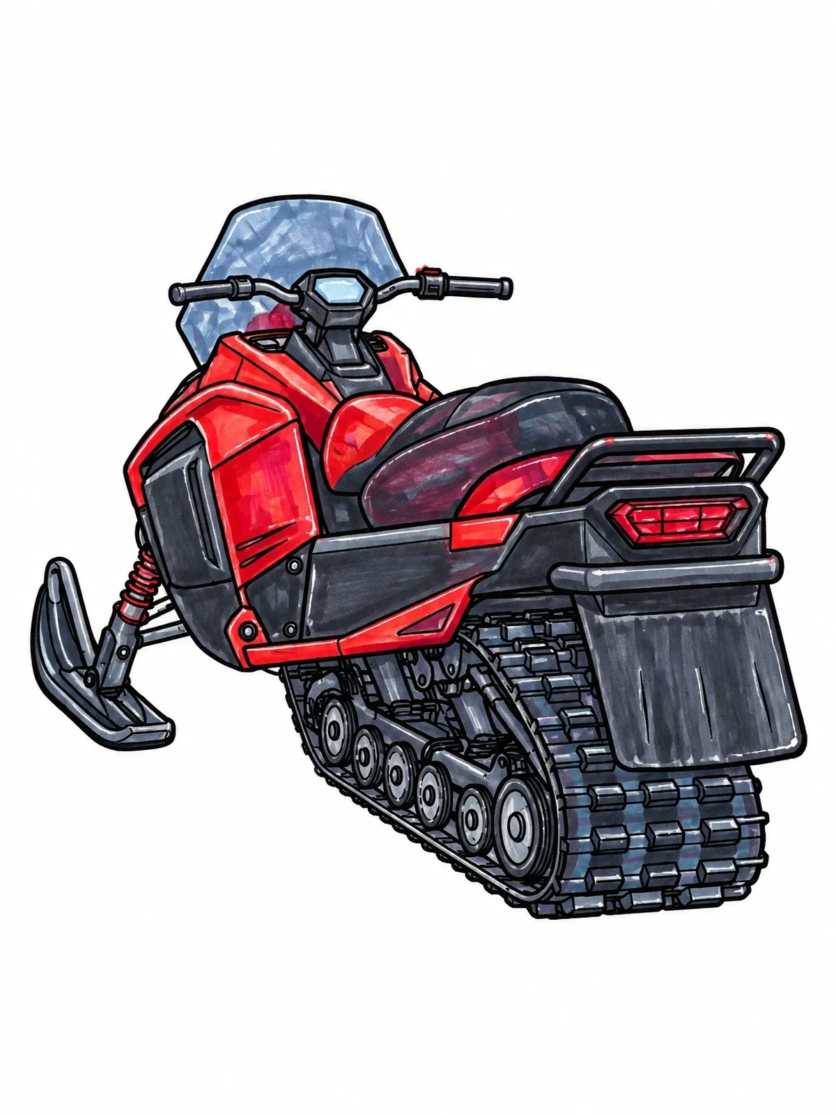 Colored example of the Rear View Snowmobile With Deep Treads coloring page
