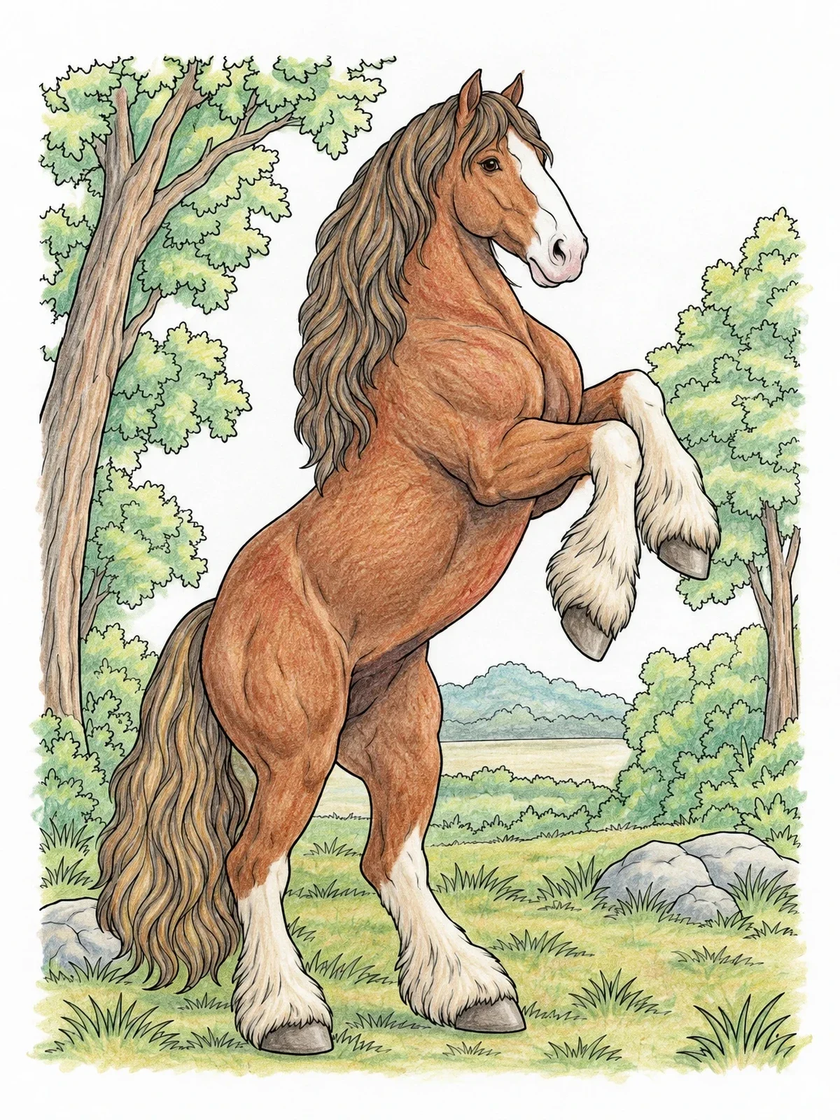 Colored example of the Rearing Clydesdale Horse In Nature coloring page