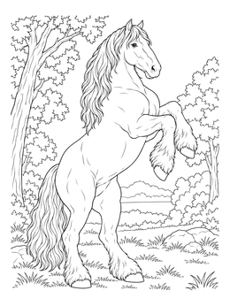 A powerful horse stands on hind legs in this detailed clydesdale coloring page.