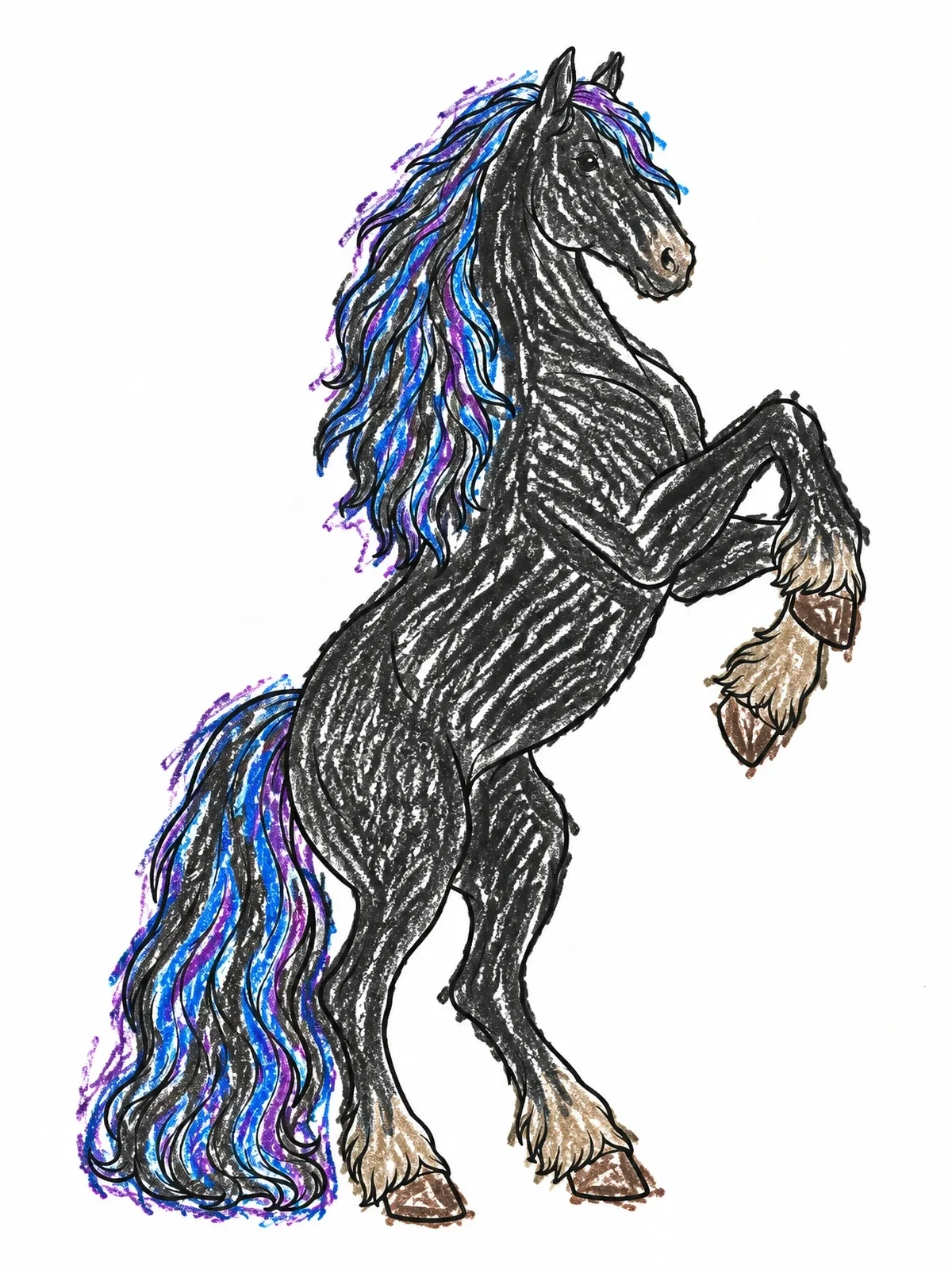 Colored example of the Rearing Friesian Horse Line Art coloring page