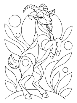 A goat coloring page featuring a horned goat rearing on its hind legs among botanical elements.