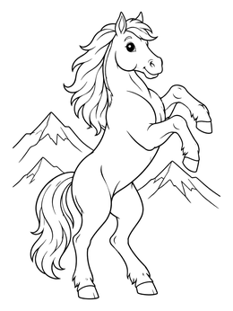 A cheerful rearing horse coloring page set against rugged mountain peaks.