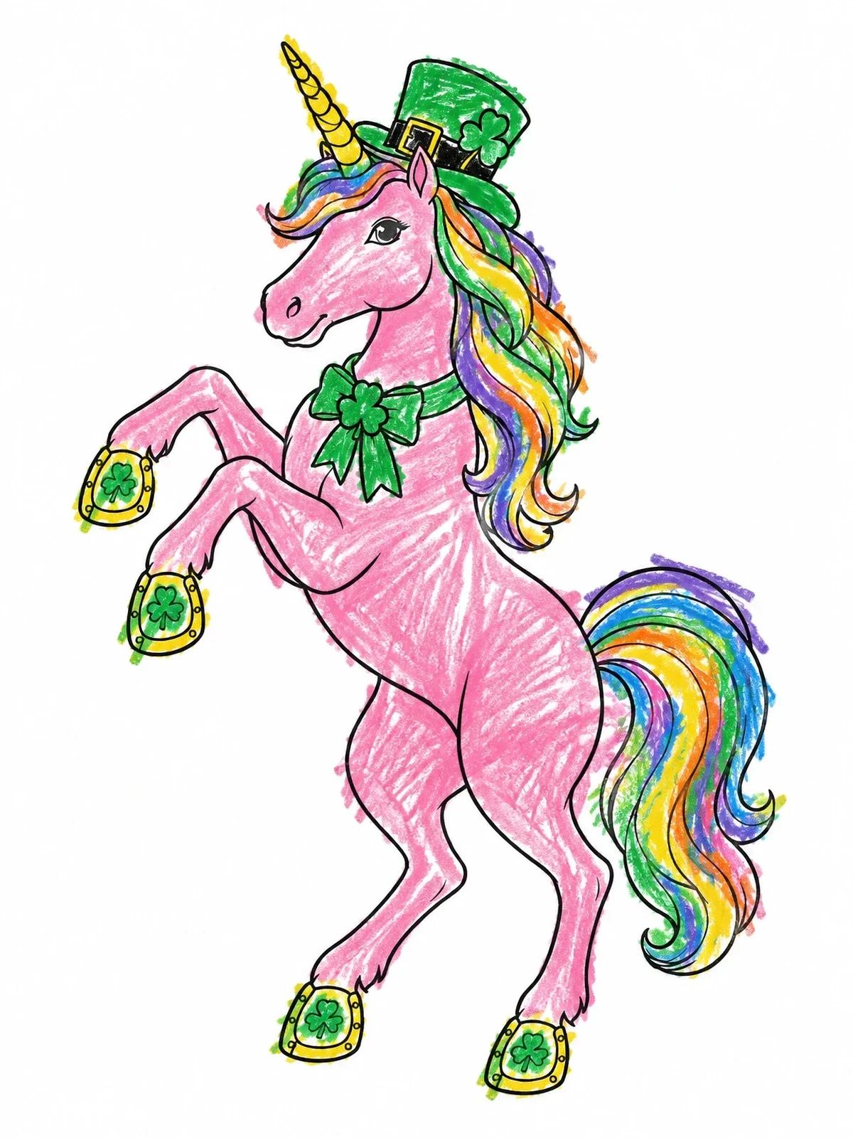 Colored example of the Rearing Unicorn With Leprechaun Hat coloring page