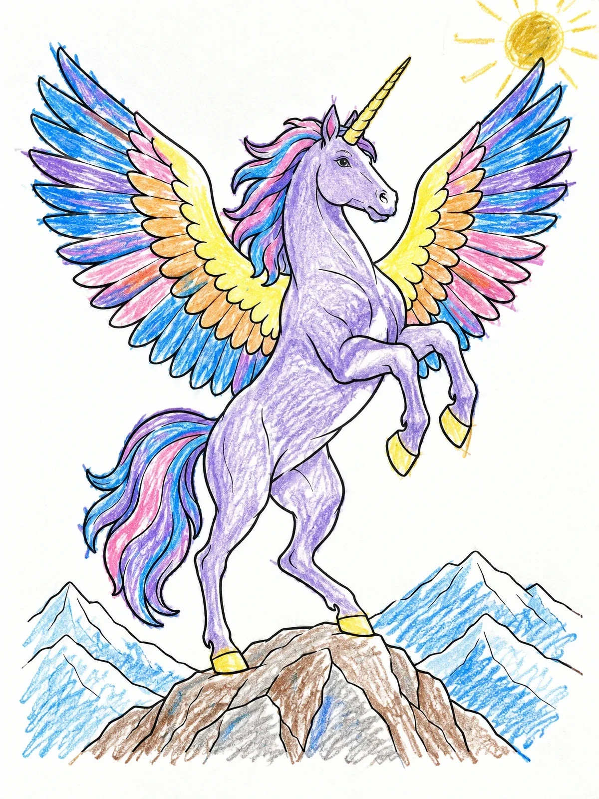 Colored example of the Rearing Winged Unicorn On Peak coloring page