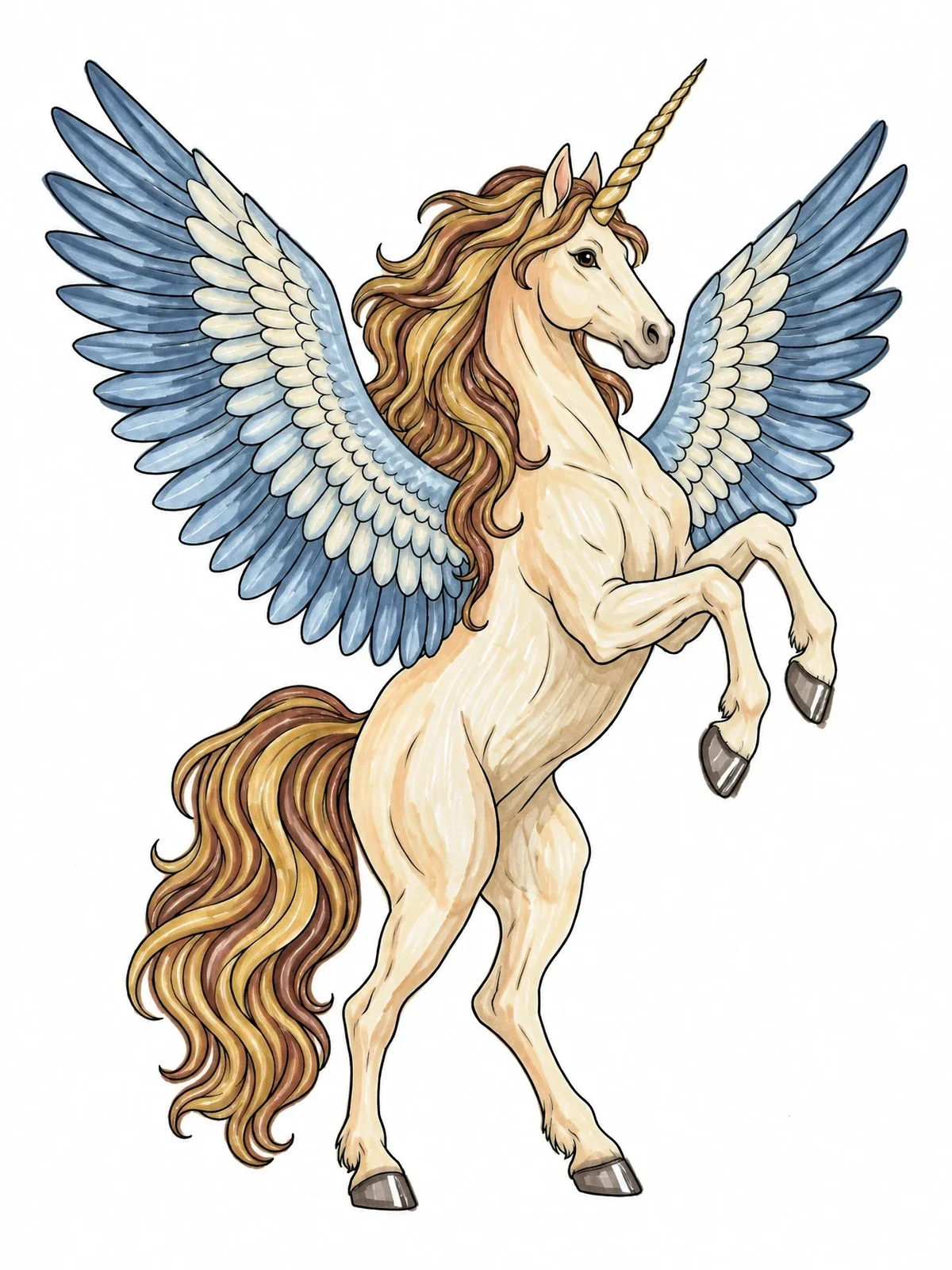 Colored example of the Majestic Winged Unicorn Rearing Up coloring page