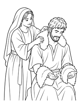 Rebekah dresses Jacob in furry skins in this detailed jacob and esau coloring page.